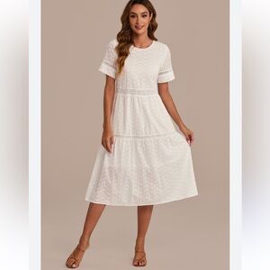 White Tiered Midi Sundress with Crew Neck eyelet cotton lace details cottagecore